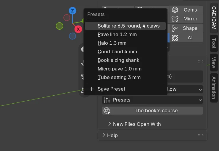 The Presets menu opened from the Setup panel: Solitaire 6.5 round 4 claws, Pave line 1.2 mm, Halo 1.3 mm, Court band 4 mm, Book sizing shank, Micro pave 1.0 mm and Tube setting 3 mm, with Save Preset at the foot