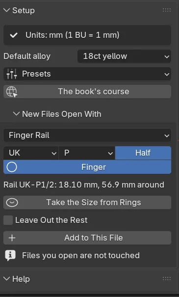 The Setup panel with New Files Open With open on Finger Rail: the size system and letter, Half and Finger, Take the Size from Rings, Leave Out the Rest and Add to This File