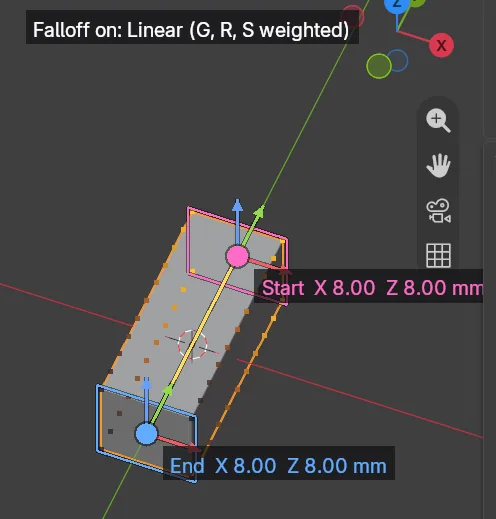 A block in Edit Mode with Falloff on: the pink Start and blue End handles, the line between them, the points tinted by weight and the label Falloff on: Linear