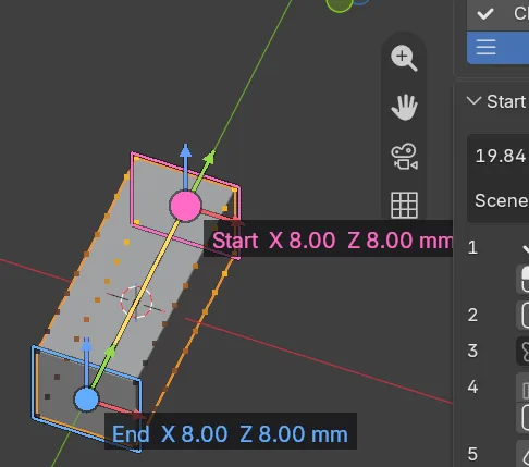 The Start handle lit in pink at one end of the block and the End handle in blue at the other, with their width labels
