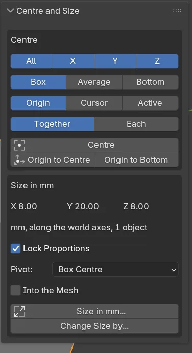 The Centre and Size panel: the Centre box with All, X, Y and Z, Box, Average and Bottom, Origin, Cursor and Active, Together and Each, and the Centre, Origin to Centre and Origin to Bottom buttons, then the Size in mm box with the three sizes, Lock Proportions, Pivot, Into the Mesh, Size in mm and Change Size by