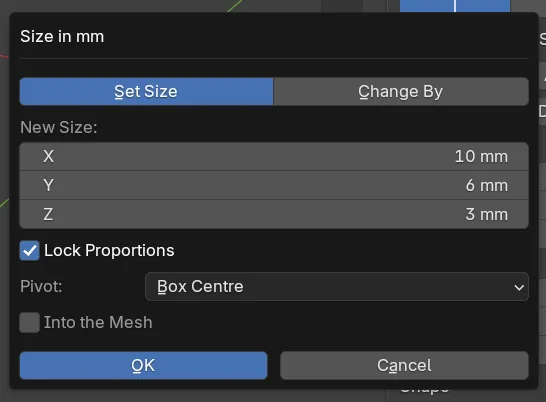 The Size in mm window as it opens, showing the current size of 10, 6 and 3 mm with nothing typed: the Set Size and Change By tabs, New Size X, Y and Z, Lock Proportions, Pivot, Into the Mesh and OK