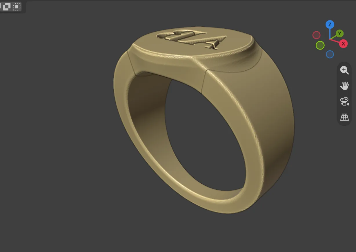 A round-faced signet ring with two initials cut into the face, seen from above and the front. The letters are cut in mirror, so they read true in an impression