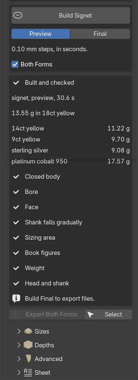 The Signet panel's result card: Built and checked, the time, the weight in 18ct yellow and a list of ticked checks