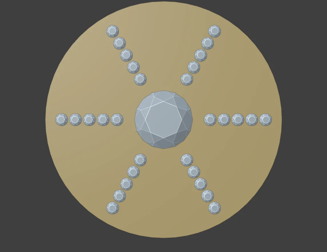 Six identical petals of five small stones round a centre stone, evenly spaced, seen from directly above