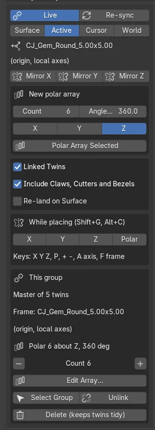 The Symmetry sub-panel: Live and Re-sync, the frames, the Mirror buttons, the polar box and the This group box reading Polar 6 about Z