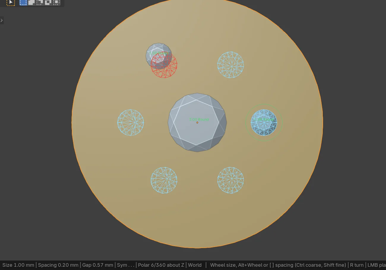 Place Gems with polar on: a preview stone beside a centre stone and five ghost twins round it, one of them red, with the read-out in the status bar