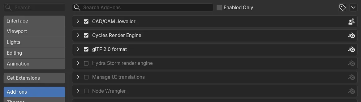 Blender's Add-ons list with CAD/CAM Jeweller installed and ticked as enabled