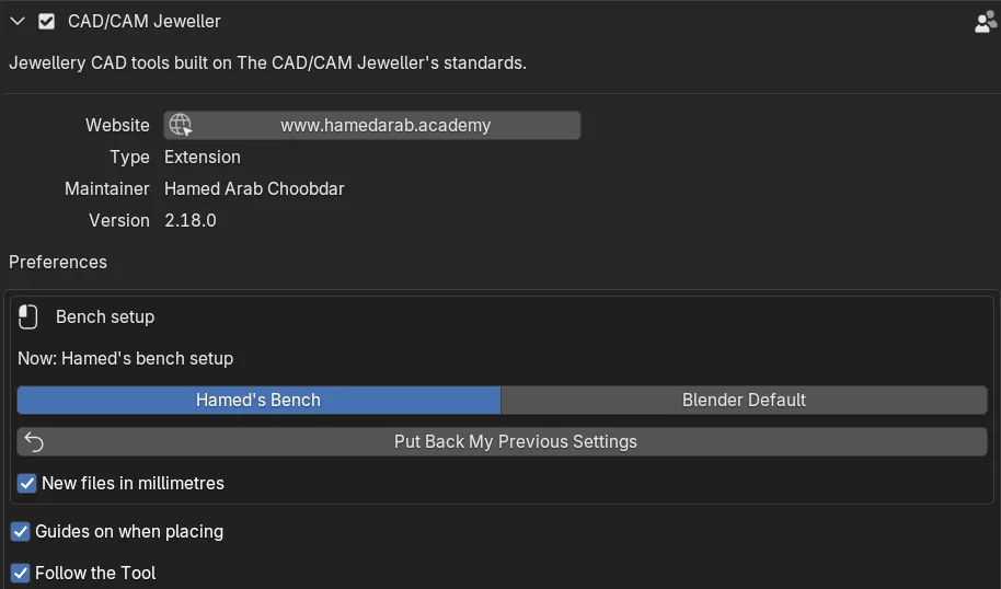 The add-on's preferences opened under Add-ons: Website, Type, Maintainer and Version 2.18.0, then the Bench setup box with Hamed's Bench and Blender Default, Put Back My Previous Settings and New files in millimetres, then Guides on when placing and Follow the Tool