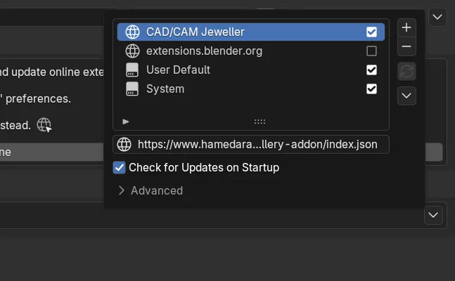 The Repositories list with CAD/CAM Jeweller selected, its address and Check for Updates on Startup ticked