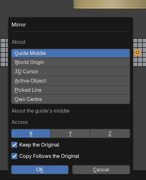The Mirror window with About set to Guide Middle, Across X, Keep the Original and Copy Follows the Original ticked, and the OK button