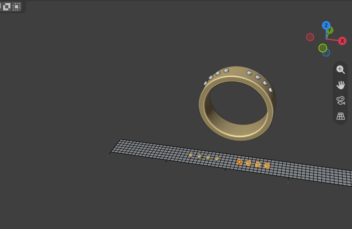 The flat guide strip with its grid holding the stud row and its mirror, and the band above it showing both rows carried onto it