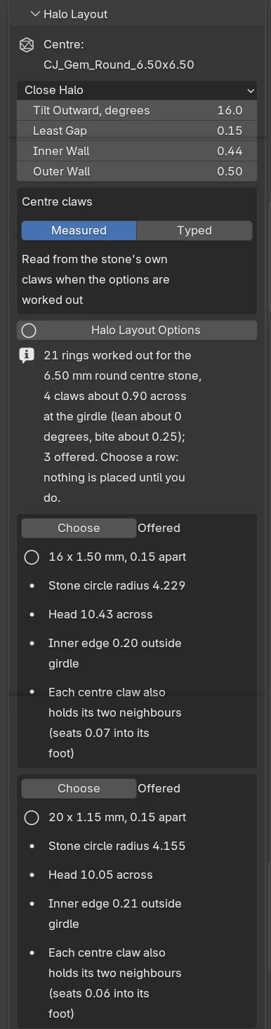 The Halo Layout panel after Halo Layout Options: the centre stone, the Close Halo drop-down with its four fields, the Centre claws box, the Halo Layout Options button and the first offered rows, each with a Choose button and its short lines