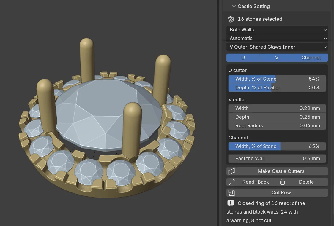 The cut halo head in the 3D view beside the Castle Setting panel: 16 stones selected, the third drop-down reading V Outer, Shared Claws Inner, the U, V and Channel settings, the buttons and the Cut Row result line, which reads 24 with a warning, 8 not cut