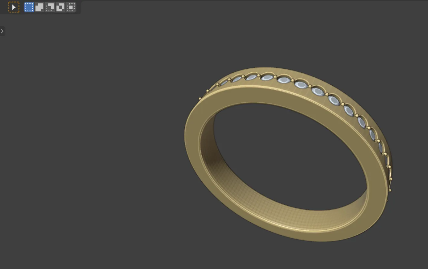 A flat band set all the way round with one row of small round stones and a small pave claw in every gap