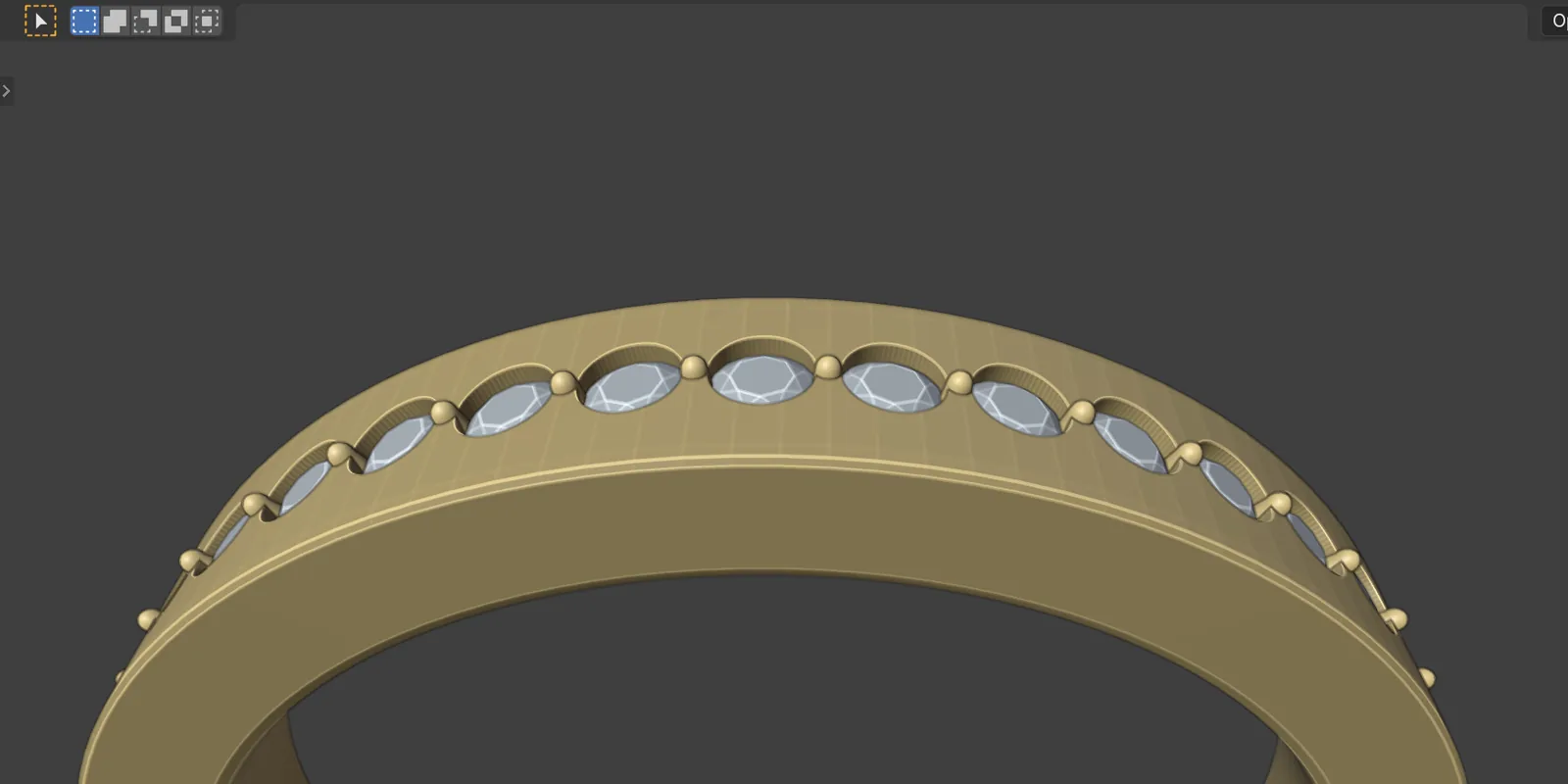 A close view of the band with a small round-topped claw standing in each gap between the small stones
