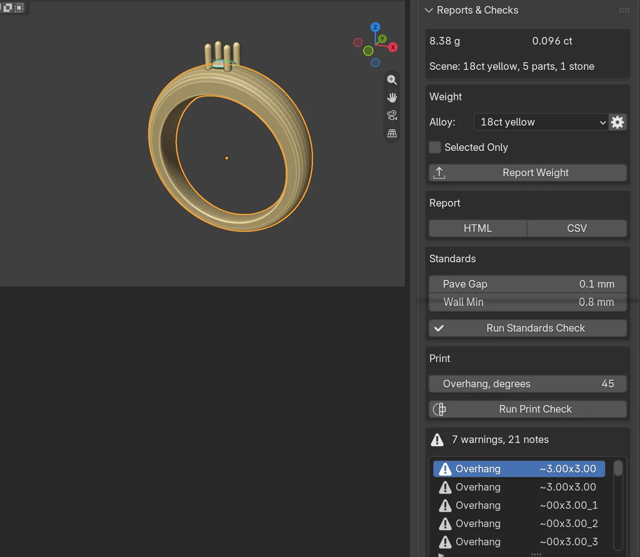 The finished band in the 3D view beside the Reports and Checks panel after Run Print Check, with the weight card at the top