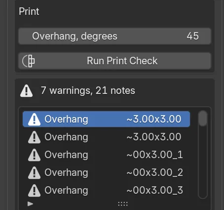 The Print box with the Overhang, degrees field at 45 and the Run Print Check button, and below them the verdict line 7 warnings, 21 notes above a list of Overhang findings