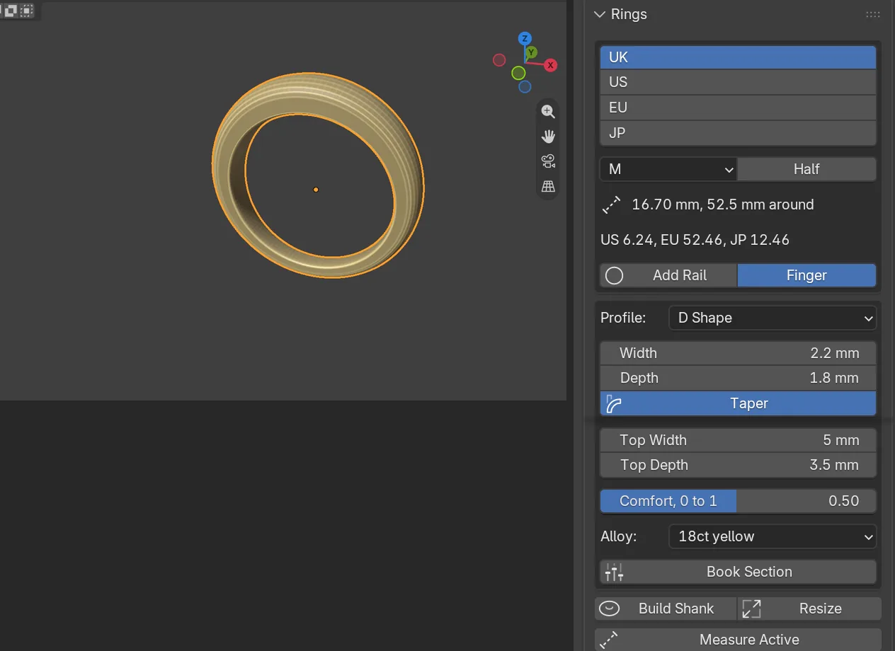 The thick-topped band in the 3D view beside the Rings panel with Taper pressed in, Top Width 5 mm and Top Depth 3.5 mm