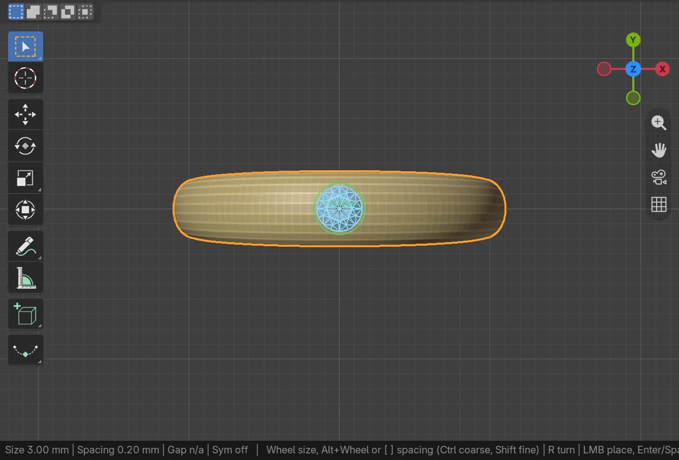 The band from above as a long strip with the Place Gems preview stone over the middle of its top, and the status bar below
