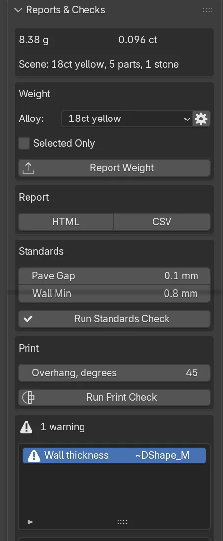 The Reports and Checks panel with the weight card at the top and one warning under Run Standards Check