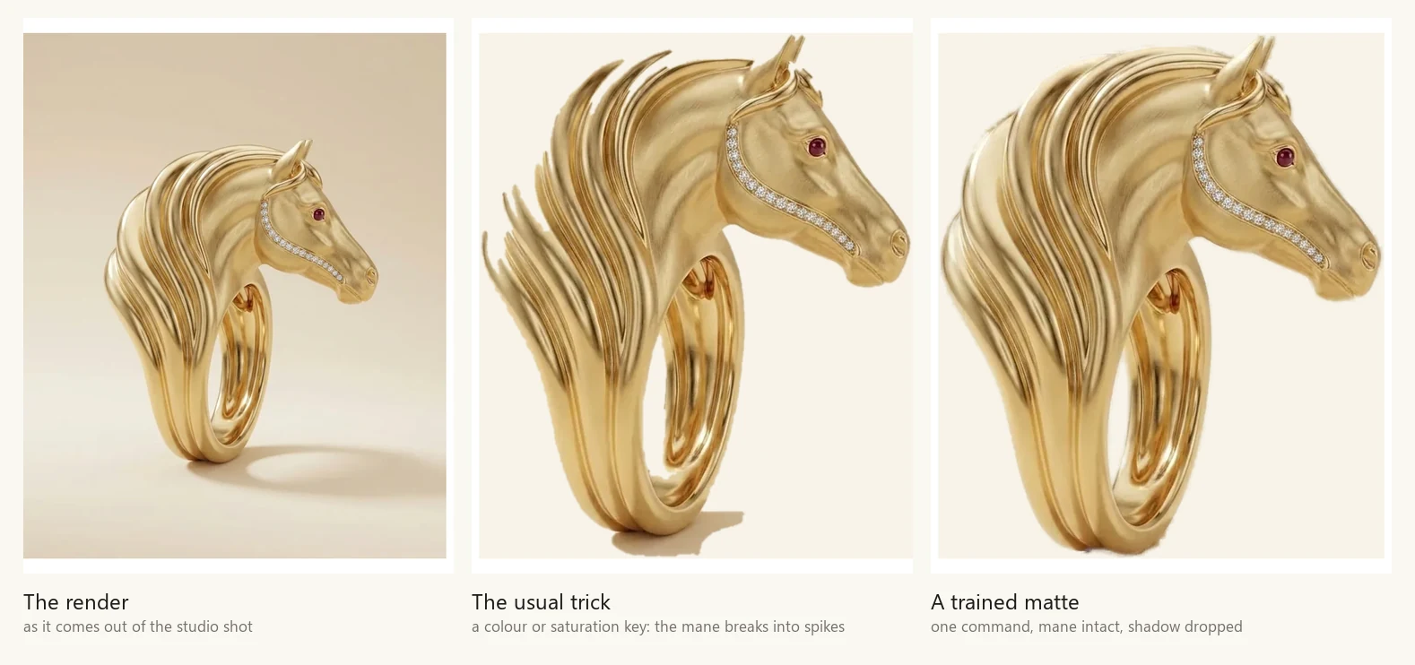 Three views of the same gold horse-head ring: the studio render, a colour-keyed cut-out with the mane broken into spikes, and a clean trained matte