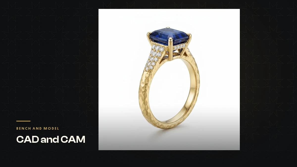 A CAD-modelled gold ring set with a blue sapphire