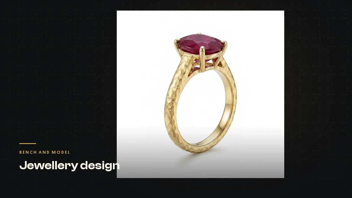 A hammered gold ring set with a ruby