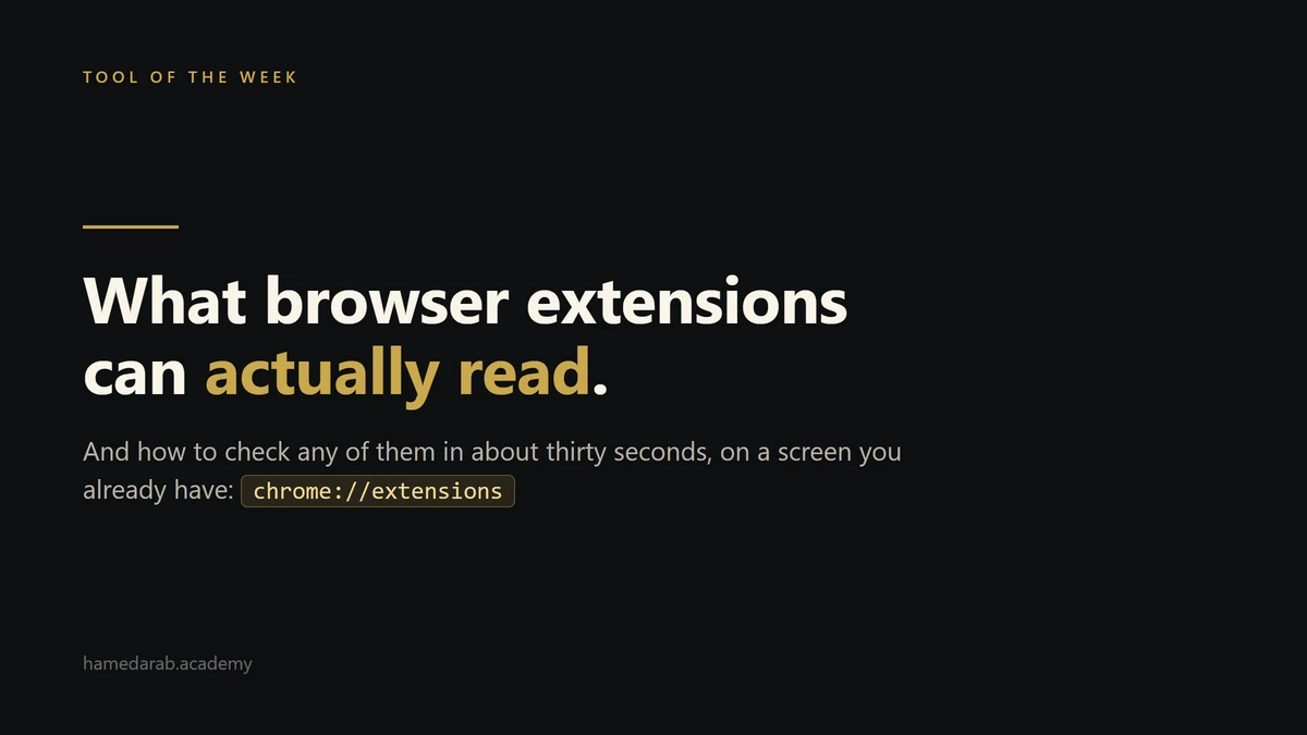 Dark title card reading: what browser extensions can actually read, with the chrome://extensions address