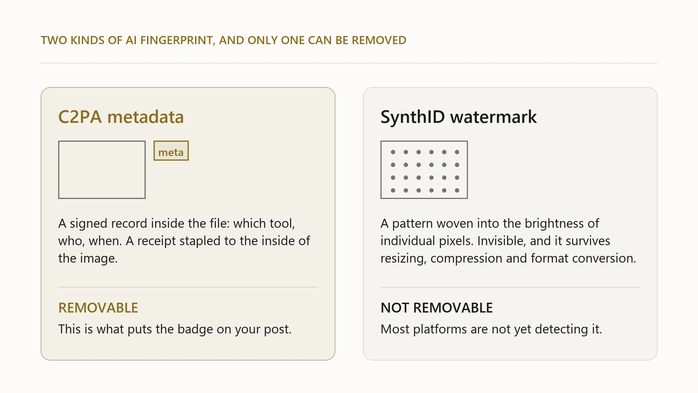 Two panels compared: C2PA metadata, shown as a tag attached outside the image and marked removable, against a SynthID watermark shown as a pattern inside the pixels and marked not removable