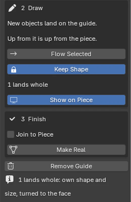 The Draw step of the panel with the Keep Shape button switched on and the line 1 lands whole: own shape and size, turned to the face