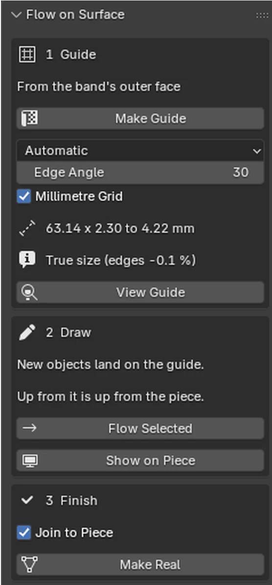 The Flow on Surface panel in three steps, Guide, Draw and Finish, with the guide's size and the line True size, edges -0.1 %