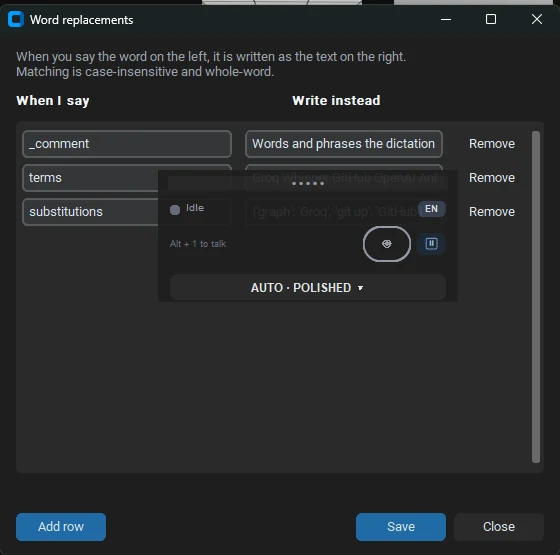 FreeFlow's dictionary editor listing custom terms and replacements.