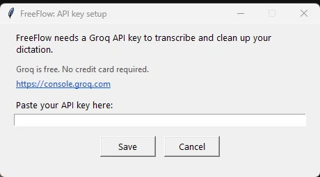 FreeFlow's first-run dialog asking for a Groq API key.